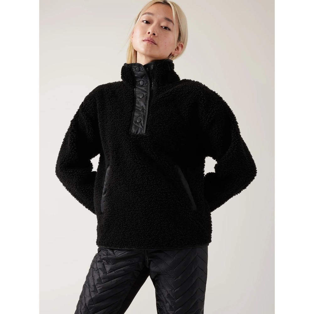 Athleta Cozy Sherpa Snap Sweatshirt Women S Black Fleece Pullover Winter Fleece